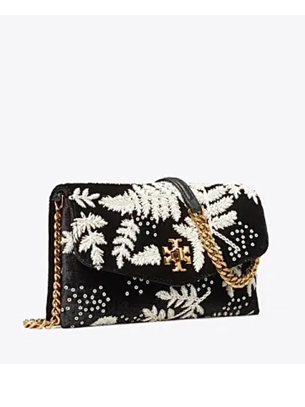 Tory Burch Black and White Embroidered Chain Shoulder Bag